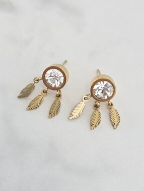 Boho Gold Dreamcatcher Style Earrings with Clear Faceted Stone